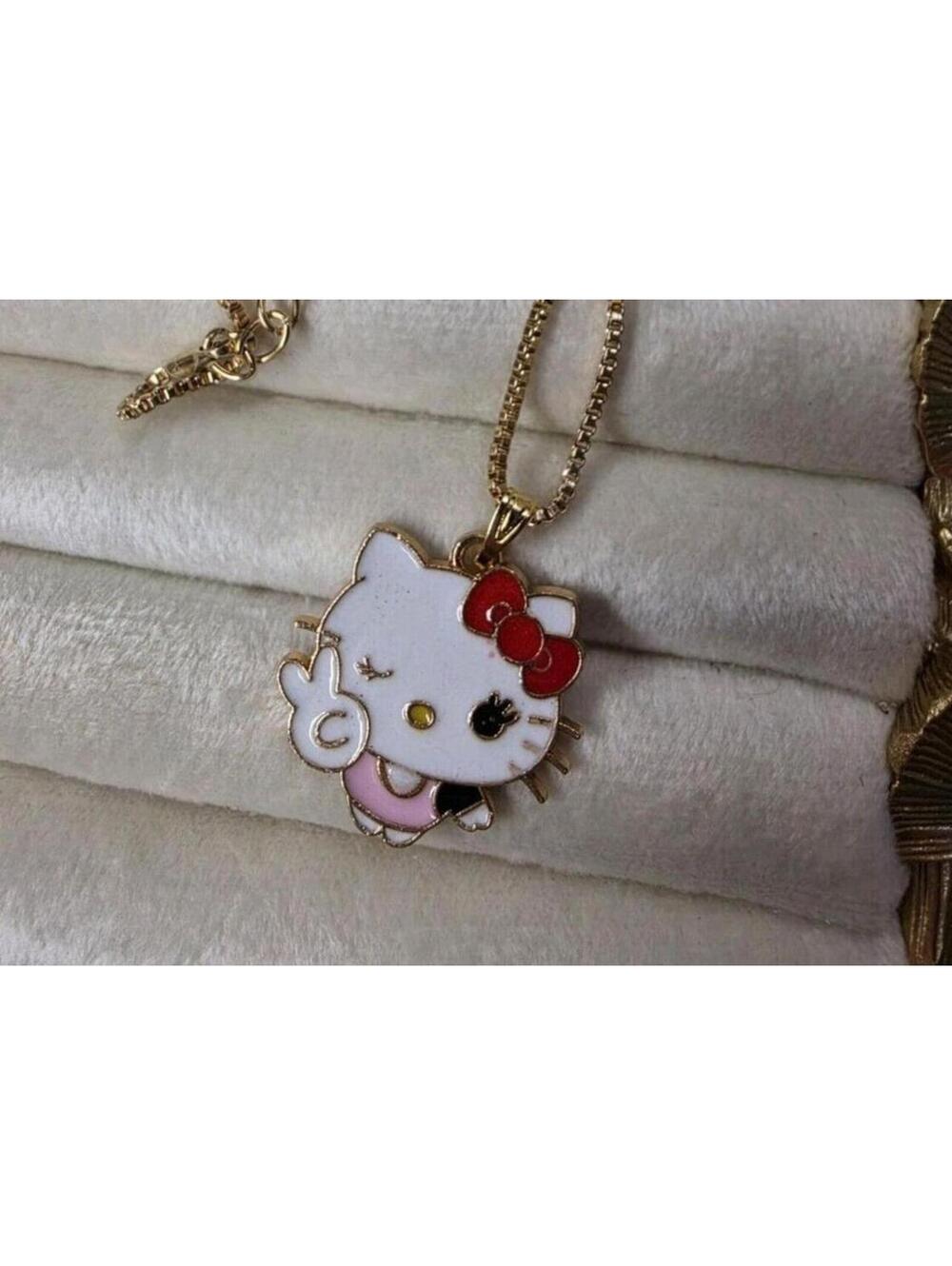Hello Kitty Gold Tone Pendant Necklace Metal Enamel Animation Character